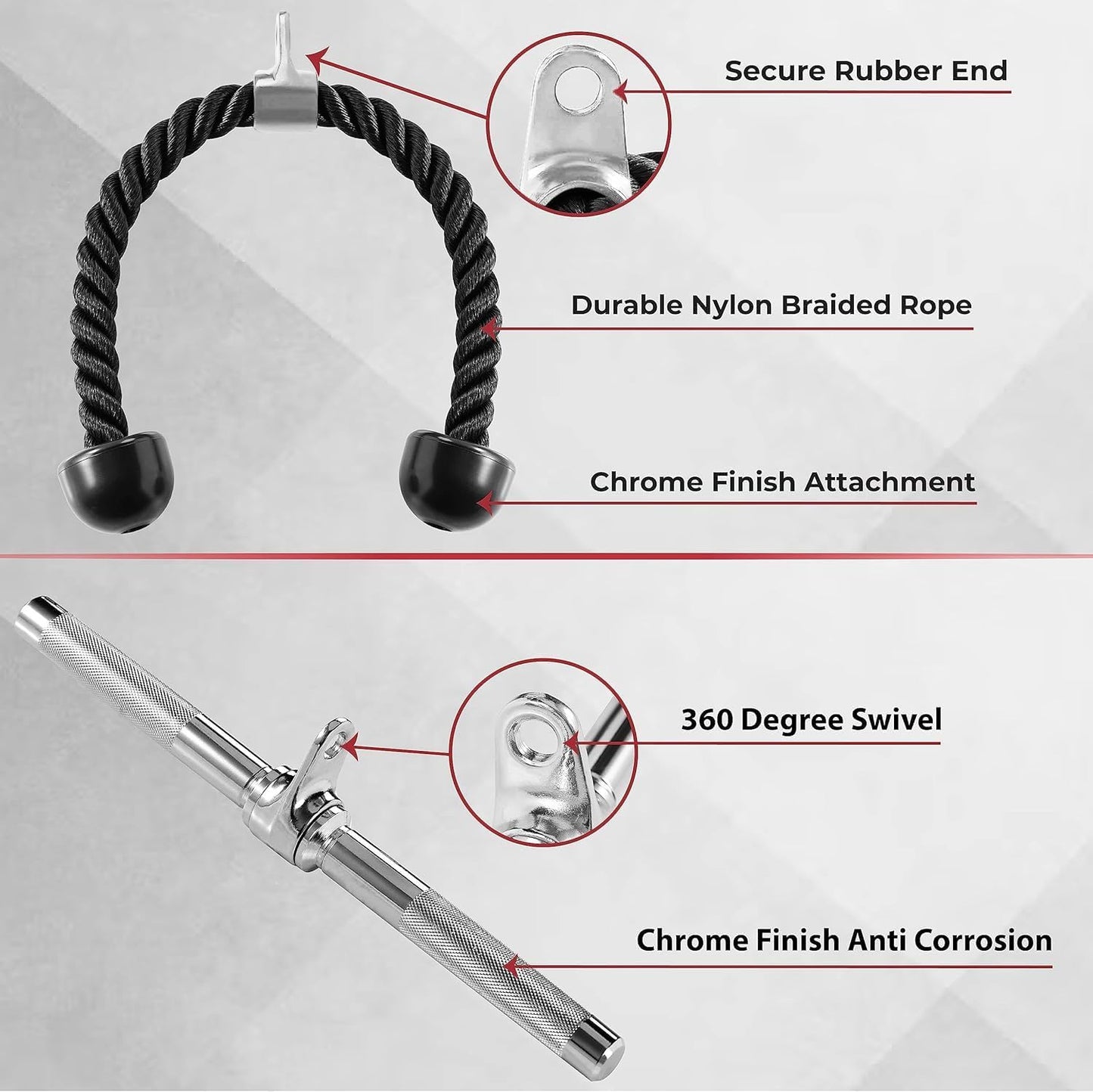 Cable Machine Attachment, Row Handles, Tricep Rope, Straight Bar, V Bar, LAT Pulldown Accessories Load 880 LB for Home Gym