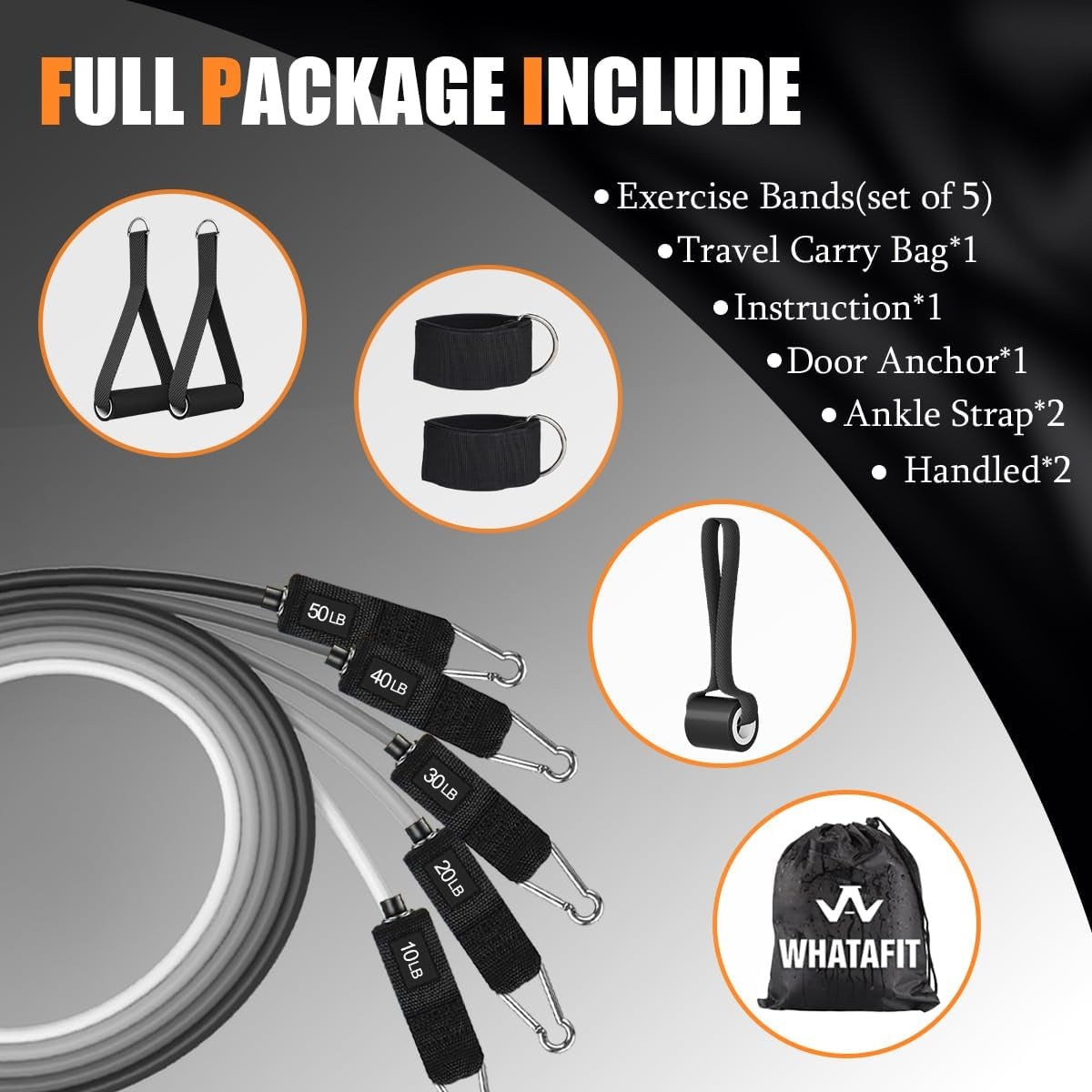 WHATAFIT Resistance Bands Set, Exercise Bands with Door Anchor, Handles, Waterproof Carry Bag, Legs Ankle Straps for Resistance Training, Physical Therapy, Home Workouts (White to Black)